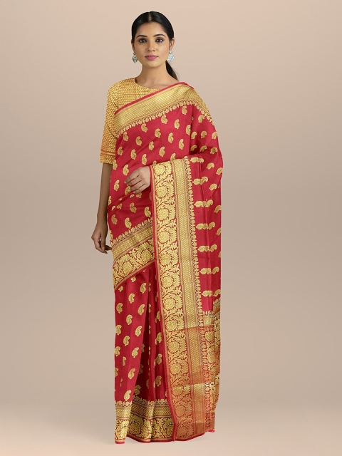 

BharatSthali Red & Gold-Toned Banarasi Silk Woven Design Saree
