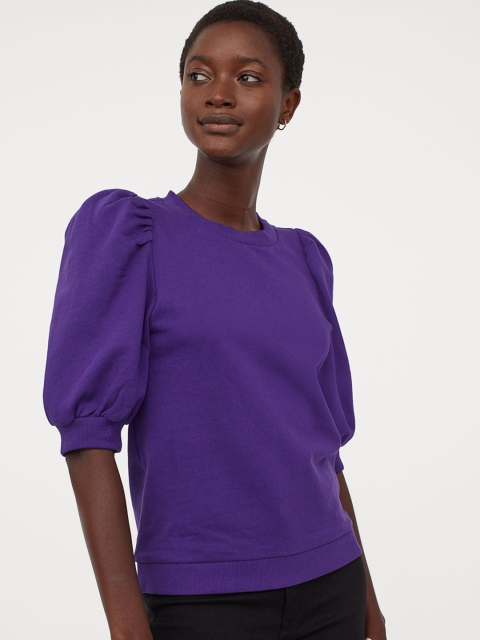 

H&M Women Purple Solid Puff-Sleeved Sweatshirt