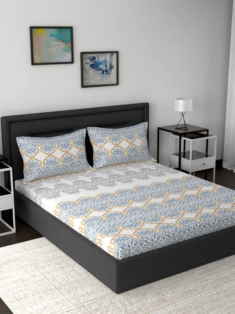 

MASPAR White & Blue Ethnic Motifs 200 TC Cotton 1 King Bedsheet with 2 Pillow Covers