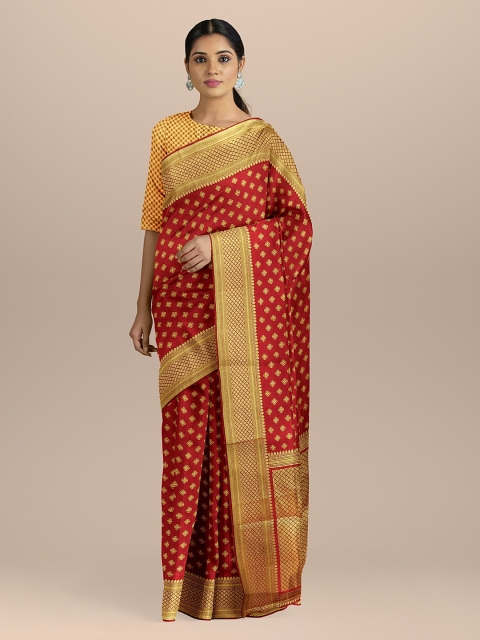 

BharatSthali Red & Gold-Coloured Silk Cotton Woven Design Banarasi Saree