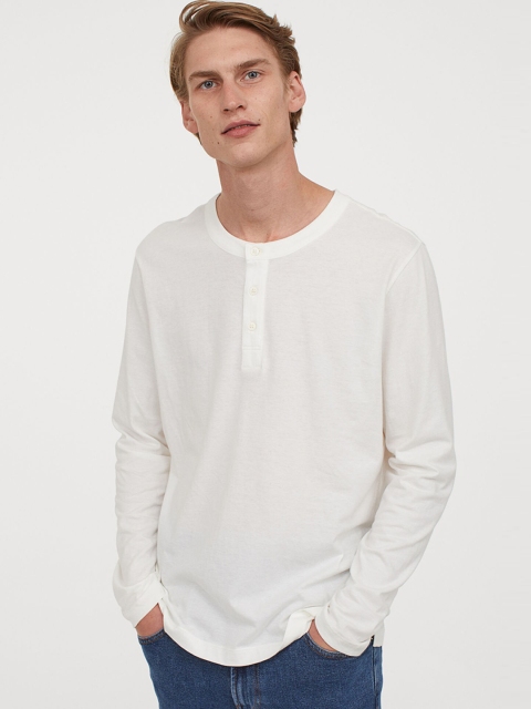 

H&M Men White Cotton Henley top