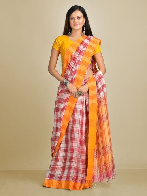 

Mitera Red & White Pure Linen Checked Saree