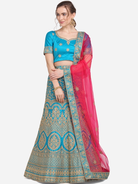 

VRSALES Turquoise Blue & Gold-Toned Embellished Semi-Stitched Lehenga & Unstitched Blouse with Dupatta