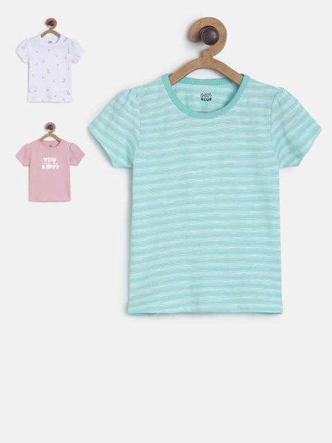 

MINI KLUB Girls Pack Of 3 Striped Pure Cotton Top, Green