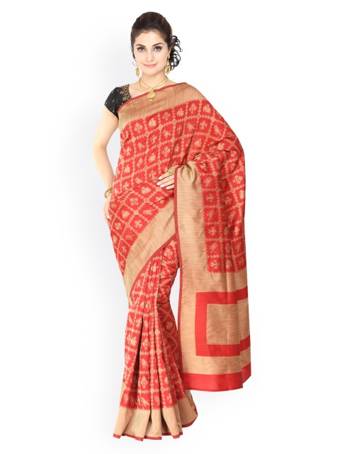 

Vijayalakshmi Silks Coral & Beige Poly Silk Checked Banarasi Saree