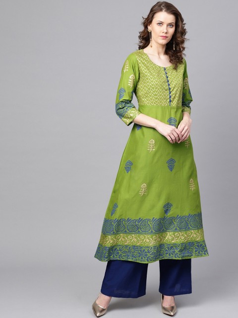

ZOEYAMS Women Green Block Printed Anarkali Kurta