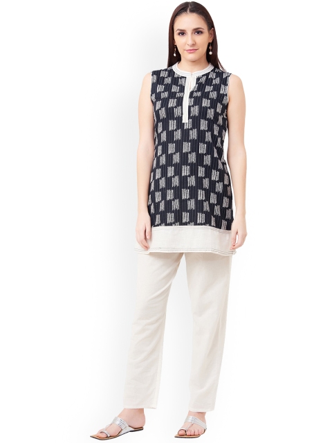IMARA Women Black & Off-White Printed Straight Kurta