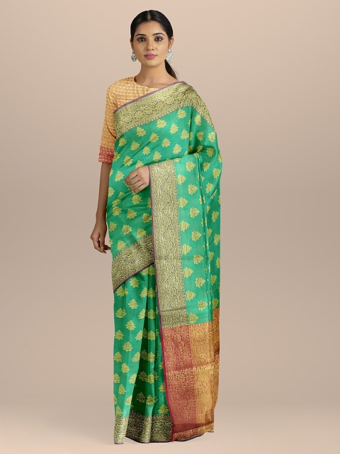 

BharatSthali Sea Green & Gold-Coloured Silk Cotton Uppada Woven Design Saree