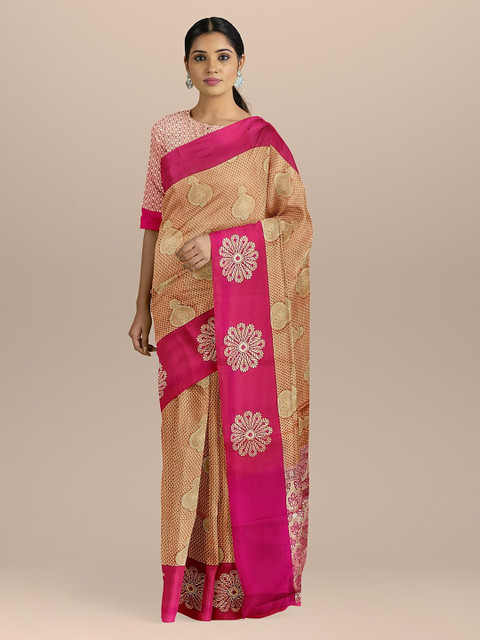 

BharatSthali Peach-Coloured & Beige Silk Cotton Woven Design Dharmavaram Saree