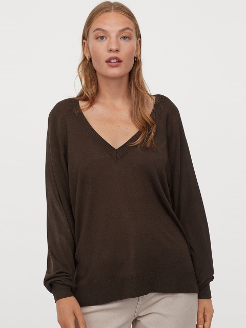

H&M Women Olive Brown Solid V-neck Jumper