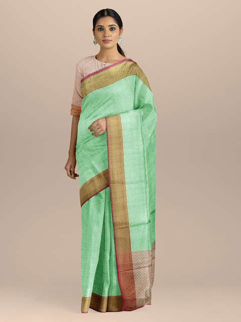 

BharatSthali Green Solid Silk Saree