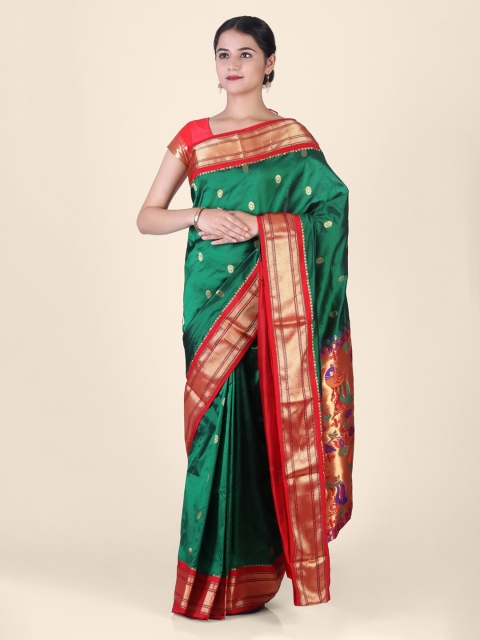 

Hastakala Green & Gold-Toned Pure Silk Woven Design Paithani Saree