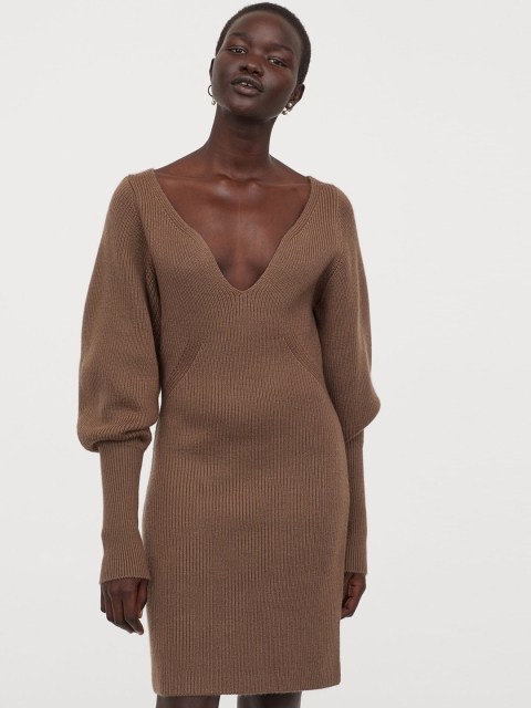 

H&M Women Brown Solid Rib-Knit Dress