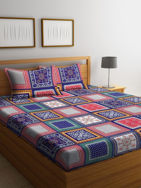 

NEUDIS Red & Navy Blue Floral 180 TC Cotton 1 King Bedsheet with 2 Pillow Covers