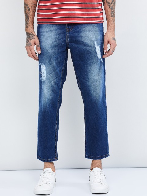 

max Men Blue Straight Fit Mid-Rise Mildly Distressed Stretchable Jeans
