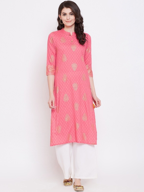 

Desi Rang Women Pink & Gold-Coloured Woven Design Straight Kurta