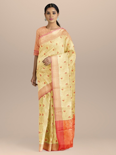 

BharatSthali Beige & Orange Silk Cotton Woven Design Banarasi Sustainable Saree