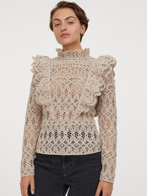 

H&M Women Beige Flounced Lace Blouse