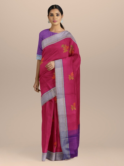 

BharatSthali Magenta & Blue Silk Cotton Woven Design Kanjeevaram Saree