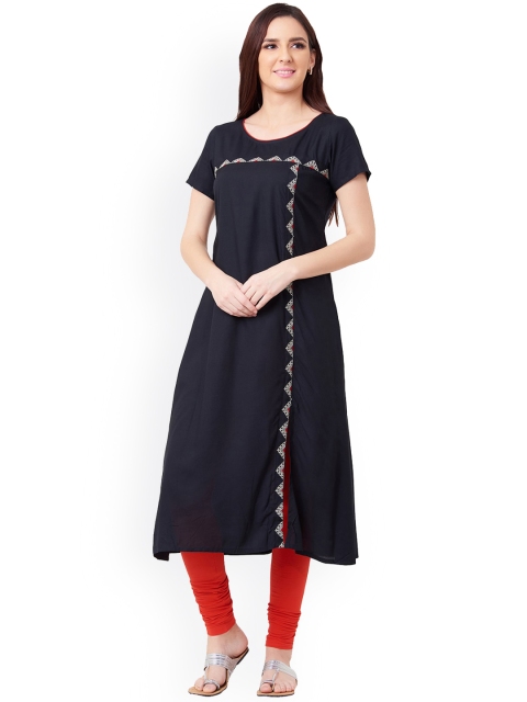 

IMARA Women Black Embroidered A-Line Kurta