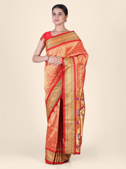 

Hastakala Red & Gold-Toned Silk Blend Woven Design Paithani Saree