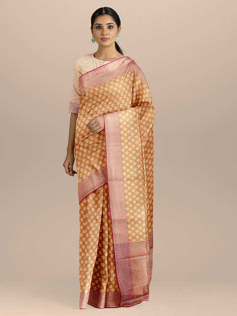 

BharatSthali Peach-Coloured & Gold-Coloured Silk Cotton Woven Design Banarasi Sustainable Saree