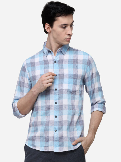 

Greenfibre Men Blue & White Slim Fit Checked Linen Casual Shirt