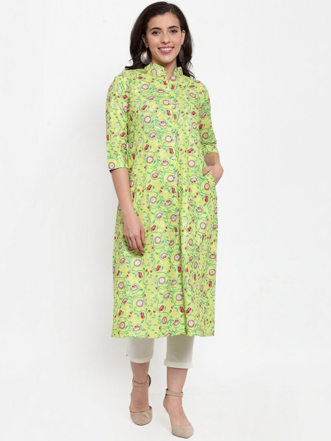 

Indibelle Women Lime Green Printed A-Line Kurta