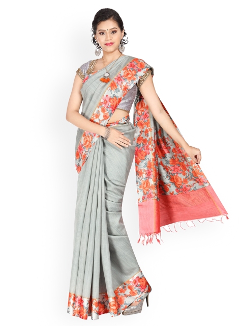 

Vijayalakshmi Silks Grey & Pink Pure Silk Printed Tussar Saree