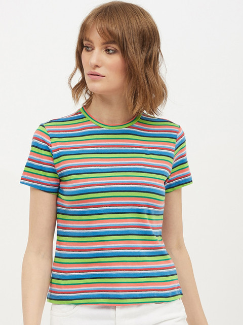 

Harpa Women Green Striped Round Neck T-shirt