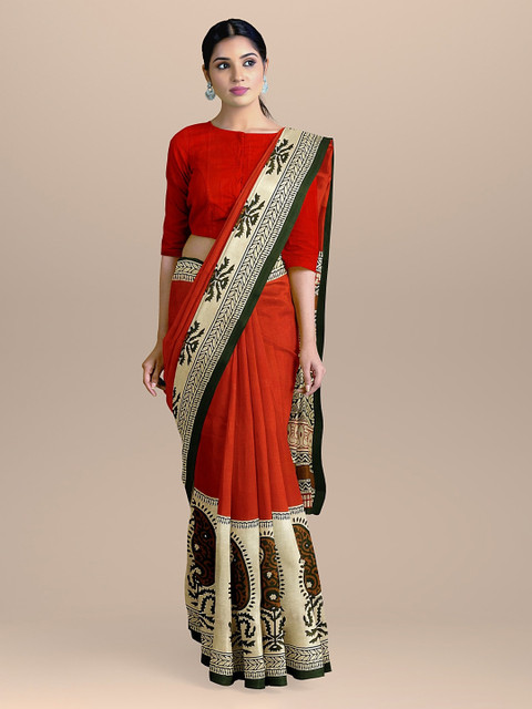 

BharatSthali Red Solid Pure Cotton Sustainable Saree