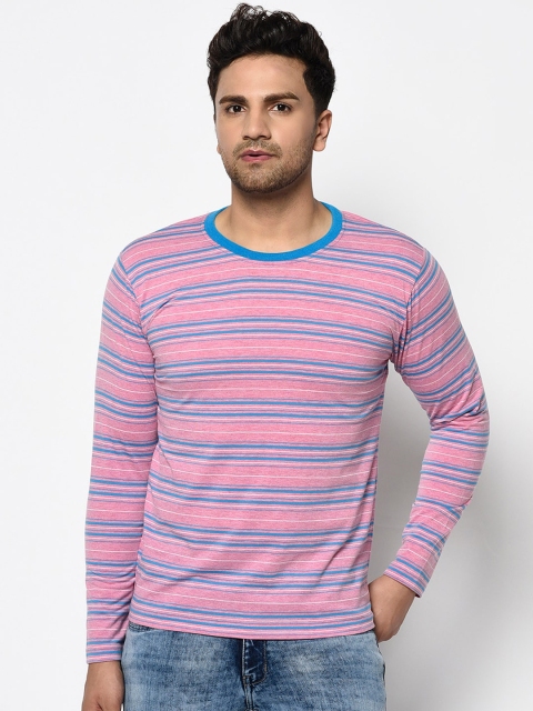 

ELEGANCE Men Pink & Blue Striped Round Neck T-shirt