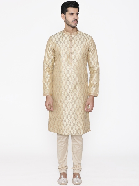 

Manyavar Men Gold-Toned & Off White Self Design Kurta with Churidar