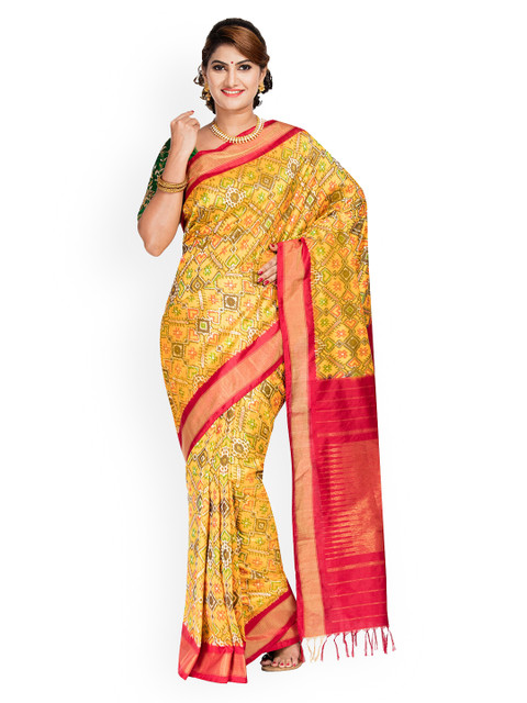 

Vijayalakshmi Silks Mustard Yellow & Red Ikkat Printed Patola Silk Saree