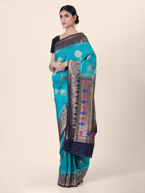 

CLAI WORLD Green & Navy Blue Silk Blend Woven Design Saree