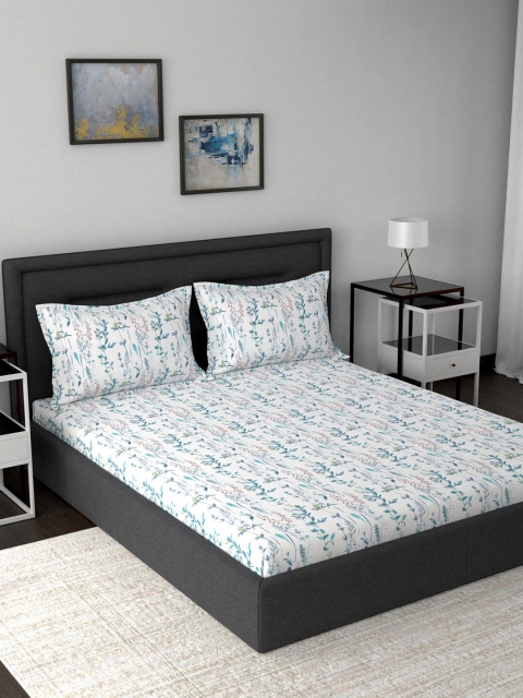 

MASPAR Blue & White Floral 200 TC Cotton 1 Queen Bedsheet with 2 Pillow Covers