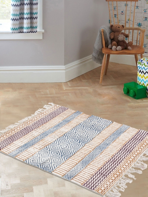 

Tistabene Off-White & Blue Kilim Stripes Pattern Fringed Dhurrie