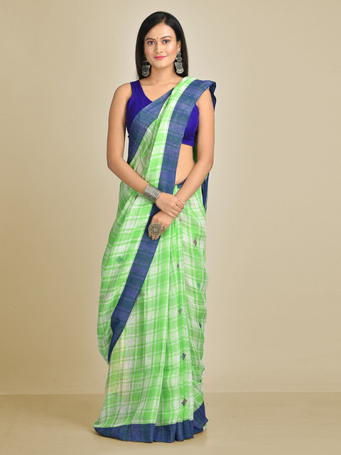 

Mitera Green & Blue Pure Linen Checked Saree
