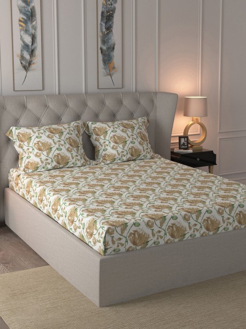

MASPAR Off-White & Brown Floral 200 TC Cotton 1 Queen Bedsheet with 2 Pillow Covers