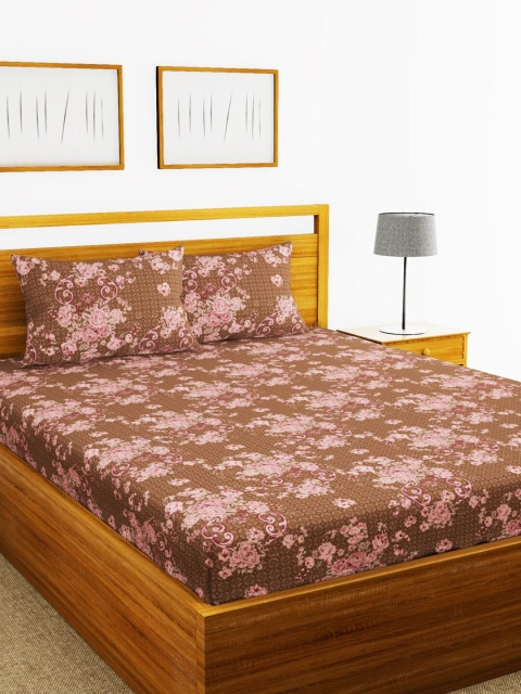 

BIANCA Brown & Pink Floral 110 TC Cotton 1 King Bedsheet with 2 Pillow Covers