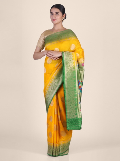 

CLAI WORLD Yellow & Green Silk Blend Woven Design Saree
