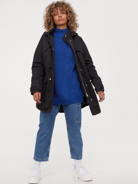 

H&M Women Black Solid Cotton Twill Parka Jacket