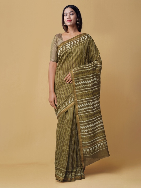 

Unnati Silks Green & Off-White Silk Cotton Printed Chanderi Sustainable Saree