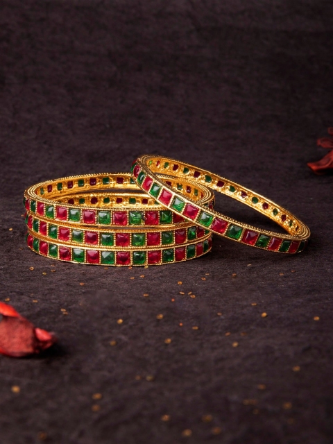 

Rubans Gold Plated Handcrafted Faux Ruby & Emerald Set of 4 Bangles