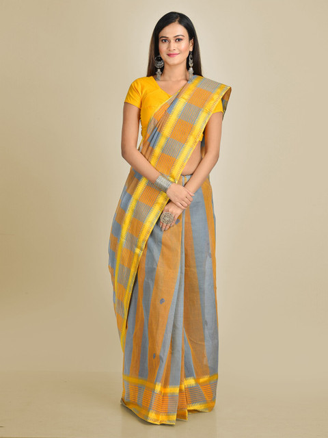 

Mitera Grey & Orange Pure Cotton Striped Taant Saree