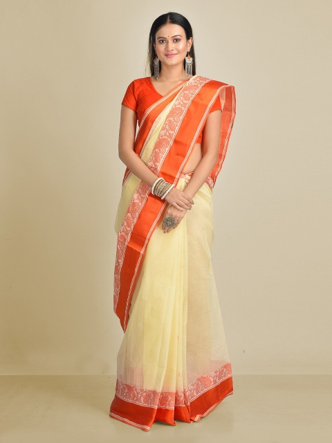 

Mitera Cream-Coloured & Orange Pure Cotton Woven Design Taant Saree