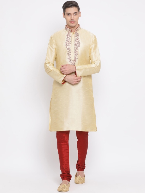 

VASTRAMAY Men Gold-Toned & Maroon Embroidered Kurta with Pyjamas