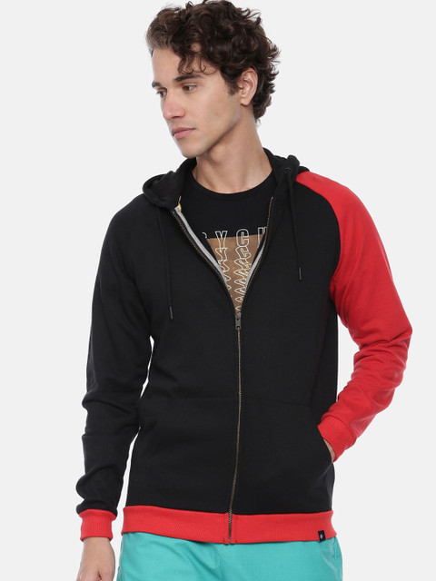 

Breakbounce Men Black & Red Colourblocked Hooded Sweatshirt