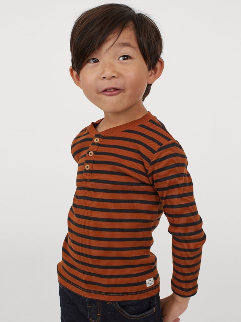

H&M Boys Brown Striped Ribbed Cotton Henley Top