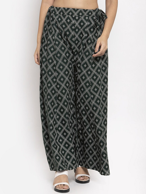 

Clora Creation Women Bottle Green & White Bandhani Print Flared Palazzos